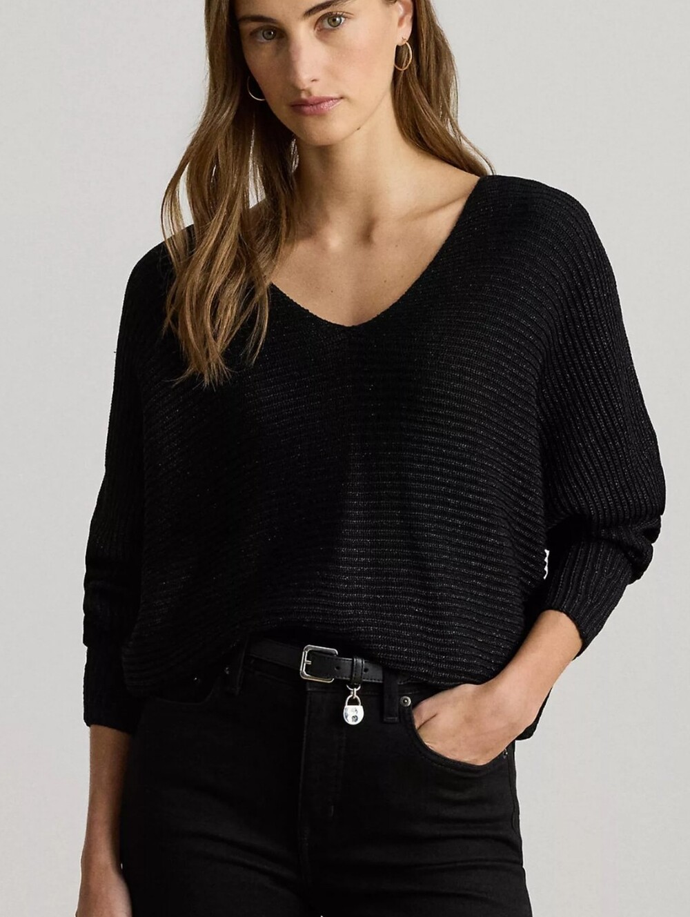 Ralph Lauren Black Shimmer Ribbed V-Neck Dolman Sleeve Slouchy Sweater SZ Medium